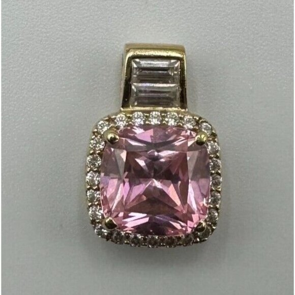 Pink Stone Necklace Pendant Gold Over Sterling Silver CZ Square Halo Setting - Picture 4 of 11